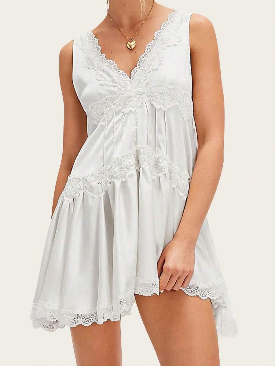 Womens Y2k Lace Patchwork Mini Dress Solid Color Lace Trim Deep V Neck A Line Short Dress Summer Backless Sleevelss Low Cut Drop Waist Short Tunic Dress Home Nightgown Sleep Dress - 白色 - 查看 1
