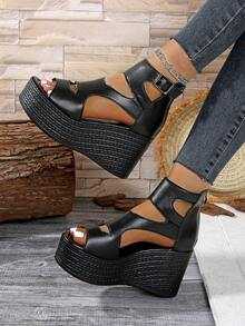 Women's Fashion Versatile Thick Sole Wedge Heel Open Toe Sandals With Zipper Back, Black Color, Summer - Black - View 3