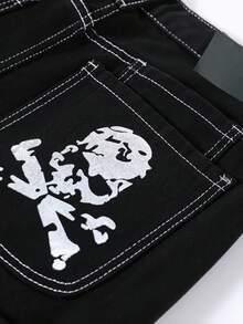 Quần jean ống đứng dáng rộng nhiều túi họa tiết bộ xương phong cách Y2K, vừa vặn mùa hè, phong cách Emo - màu đen - Xem 4