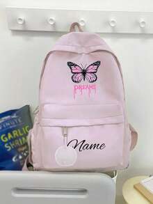 Customizable Name Or Holiday Greeting Fitness Backpack For Back To School Season. New Arrival, Casual And Versatile, Cute Butterfly Print, Nylon Zipper Material. You Can Customize Name, Letter, Lucky Number, Etc. Can Be Given As A Birthday Gift To A Friend's Daughter, Also As A Commemorative Bag, Gift, Anniversary Present. - Pink Butterfly + White Fur Ball Pendant - View 4
