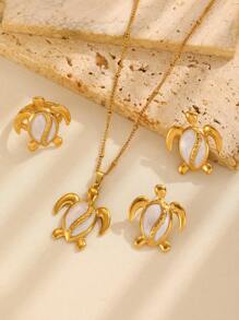 Set de 3 piezas con colgante, pendientes y anillo con estampado de tortuga marina, en estilo de playa, accesorios de moda para mujer, apropiado para la playa, vacaciones, fiesta y uso diario