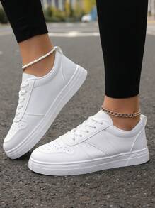 Nuevos tenis blancos de moda para mujer, planos con suela gruesa, con cordones, transpirables y cómodos para uso casual y deportivo