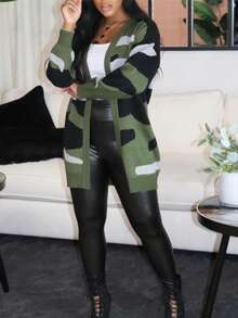 Women's Camo Print Cardigan Sweater Long Sleeve Color Block Loose Fit Autumn/Winter Lightweight Flowy Knitted Cardigan, Women Fall Outfit