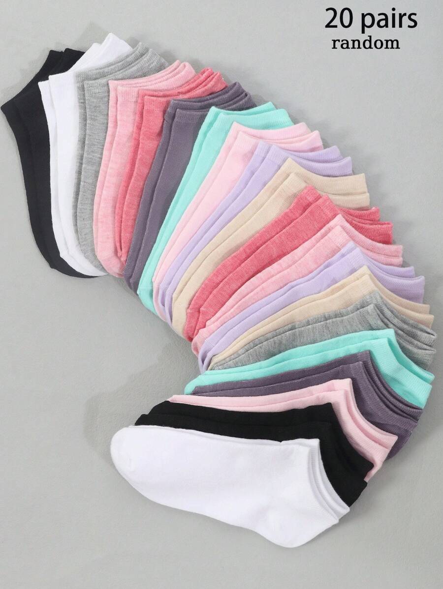 20 Pairs Mixed Random Women's All-Match Solid Color Comfortable Versatile Short Socks