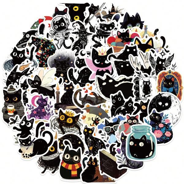 50 adesivos de gatos pretos, adesivos estéticos de vinil para scrapbooking, diário, para-choque, skate, garrafa de água, desenho animado, capacete, adesivos e decalques de carro