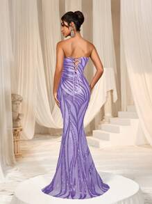 ​Strapless Sequin Mermaid Gown With Back-Tie Detail: Women's Formal Evening Dress For Grand Galas, Red Carpet Events, Luxury Weddings