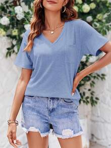 Camisetas de mujer de manga corta, sueltas y casuales para el verano con bolsillo - Rosa Pálido - Ver 9