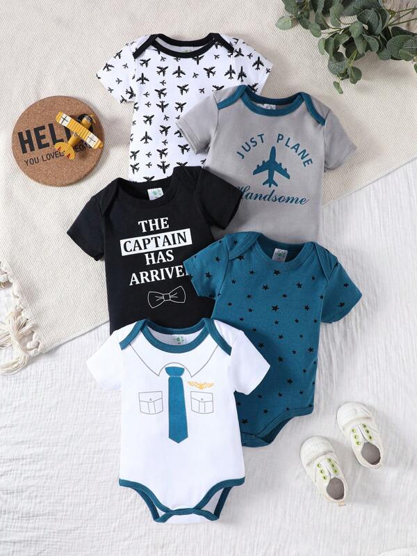 5 PIEZAS Mono de algodón con estampado de elementos náuticos de cuello redondo y manga corta, estilo triángulo para niños, niñas y bebés, moda de verano, otoño y exterior