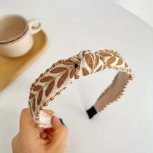 1 Piece Bohemian Wide Knot Headband With Embroidered Leaf Design – Fashionable Polyester Hair Accessory Suitable Daily And Party Wear, Hand Wash Only, Available In Various Colors (Blue Green Leaf Pattern, White And Black Geometric, Pink Floral, Beige And Brown Twisted Rope), Multifunctional Headwear|Bohemian Headband|Polyester Fiber Ribbon, Cute Hair Accessory - 綠色 - 查看 3