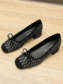 Zapatos de mujer de tacón ancho de punta cuadrada, bailarinas versátiles con lazo decorativo, zapatos de tacón tipo mula con diseño ondulado, tacones altos de color negro a la moda, tacones altos de mujer, talla grande