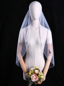 1pc Handmade Crystal Beaded Edge Bridal Veil With Hair Comb, Suitable For Wedding, Party, Photography, Cathedral/Fingertip Length, Heat Pressed To Reduce Creases - Straight White - View 17