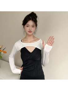 1pc Women Lightweight Viscose Black Versatile Asymmetrical Shoulder Sleeve Short Cover Up, Slim Fit Layering Long Sleeve Sexy Collar Cover Up