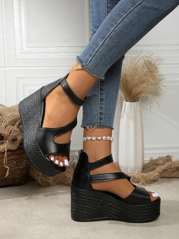 Sandali con zeppa, punta aperta e tacco oversize, con cerniera sul retro, di moda e versatili, antiscivolo, con platform, colore nero, adatti per l'estate