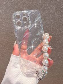 镶钻菱形奢华透明手机壳，带腕带，兼容 16 Pro Max/16/16 Pro/16 Plus/16E/15/15 Pro Max/15 Pro/15 Plus/11/12/13/14 Pro Max/11 Pro/11 Pro Max/12 Pro/12 Pro Max/13 Pro/13 Pro Max/7 Plus/14 Pro/14 Pro Max/14 Plus，简约创意白色软壳，防水防震防摔防刮。 - 透明+珍珠腕帶 - 查看 3