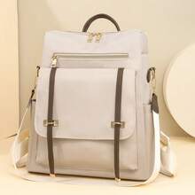 Women's Stylish Nylon Backpack, Square Minimalist Flap Backpack, Large Capacity College Style Backpack Suitable For Shopping, Wallet, Student, Young Women, College Student, Business Attire. Great For Office, University, Work, Business, Commuting, Outdoor Activities, Travel And Picnics, School Backpack, School Supplies, School Bag, Backpack For School, Back To School Backpack, School Bookbag, Big Backpack, Backpack School, Back To School Bags, Waterproof, Laptop Compartment, Airline Approved, Lightweight, Business Casual, Suitable For Teen Girls Women College Students, Teacher, White-Collar Workers, Perfect For Back To School, First Day Of School, Work, Business, Commute - Beige - View 8