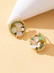 1 Pair Elegant Floral Shaped Round Stud Earrings, Suitable For Women Party & Vacation Jewelry