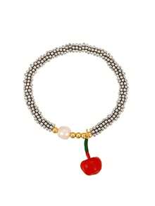 1件圣诞创意时尚个性化优雅轻盈奢华铜锆石镶嵌不对称水滴心形串珠仿珍珠手链，适合女性、姐妹、情侣、毕业礼物、情人节、日常聚会、节日、圣诞节，搭配红色首饰。 - 櫻桃手鍊 - 查看 17