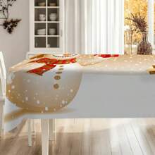 1pc Polyester Christmas Snowman Theme Tablecloth, Warm Golden Background With Exquisite Gifts & Christmas Tree Decorations, Suitable For Holiday Parties And Family Gatherings, Adds Festive Atmosphere. Ideal For Outdoor Parties, Picnics, Dinners, Home And Restaurant Decor