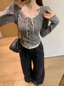 甜美蕾丝与蝴蝶结拼布修身女式上衣，春夏