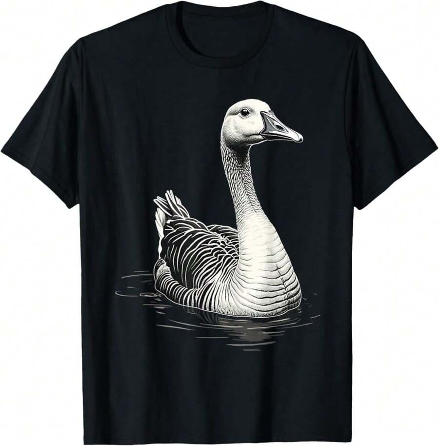 Elegant Goose Graphic Black And White Waterfowl Minimalist Cotton T-Shirt - Black - View 1