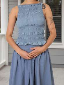Women Tank Tops Solid Color Ruched Casual Vests Summer Fashion Sleeveless Tops Streetwear - Dusty Blue - View 4