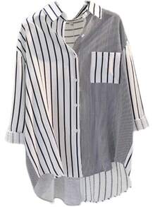 ​Women's Striped Asymmetric Lapel Long Sleeve Shirt With Contrast Buttons & Pocket - Casual All Occasion Year-Round Top​,Fall Clothes For Women - Multicolor - View 6