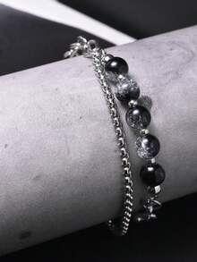 1入組嘻哈風格銀色調雙層拼接手環適合男士,度假,派對,生日禮品