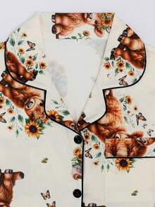 [Bộ đồ ngủ Livanti] Bộ 3 món dành cho nữ, gồm quần short và quần dài, áo sơ mi cổ bẻ cài nút, họa tiết bò sữa dễ thương, dáng rộng thoải mái, phù hợp cho mọi mùa, đồ mặc nhà. - Màu be - Xem 6