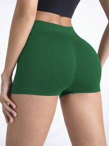1pc Women Seamless Yoga Shorts, High Waist High Elastic Peach Hip Solid Color Sports Shorts