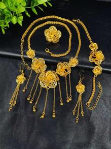 Set de 4 piezas de joyería de lujo con flecos florales chapados en oro para mujeres, incluye collar, aretes, brazalete, anillo, accesorios para bodas y fiestas, regalo para fiestas