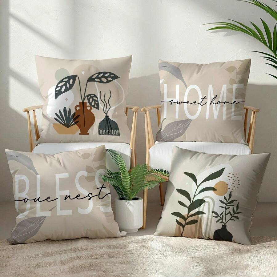 4 件极简主义抽象波西米亚叶几何“祝福之家”抱枕套，单面印花桃色天鹅绒，45*45/50*50/40*40 厘米靠垫套适用于现代简约沙发客厅装饰、礼品、派对装饰 - 彩色 - 查看 1