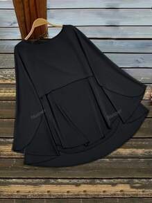 Tricou de culoare solidă, mărime plus, cu decolteu rotund scurt și mâneci de liliac, pentru femei casual, modele de primăvară și vară.