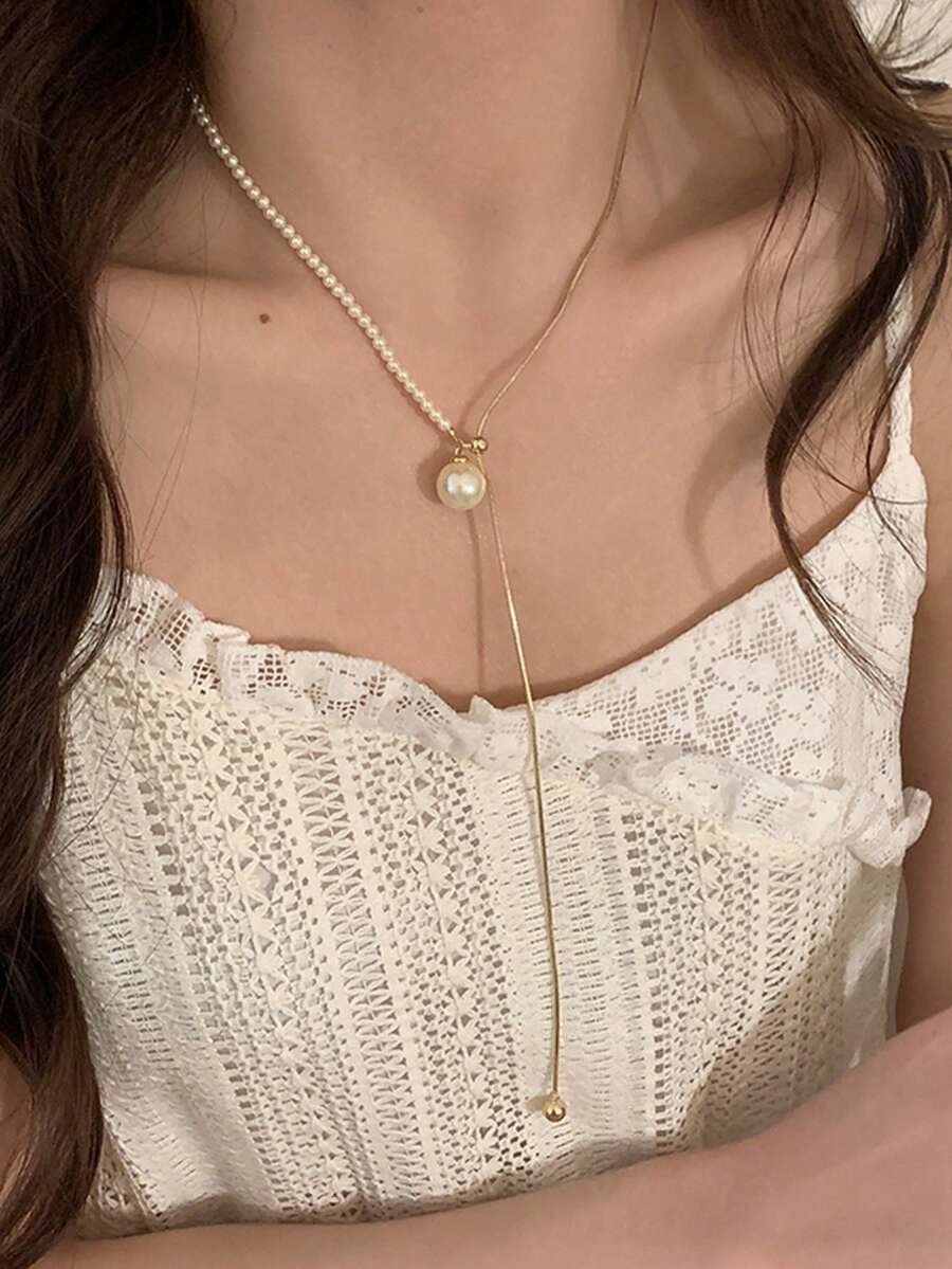 1 pieza Collar con cadena de hueso de serpiente con perla inalterable de acero de titanio minimalista - Dorado - Ver 1