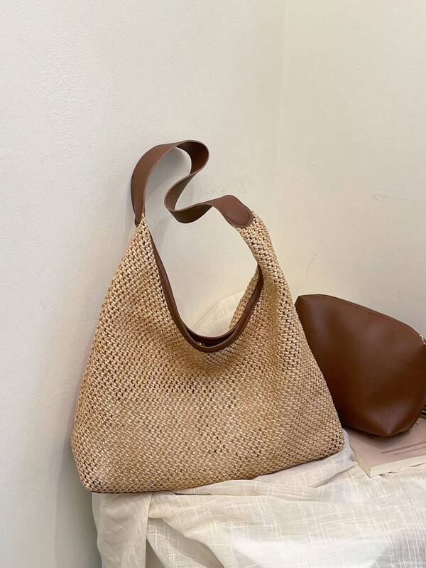 Sac fourre-tout en paille tressée avec pochette mini, été
