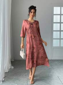 Women's V-Neck Flower Retro Print Cheongsam Dress, Loose Fit Half Sleeve Qipao Style Chinese Dress, For Holidays, Parties, New Year, Vacation