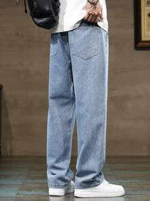 Calça Denim Casual Confortável de Perna Reta Solta com Cintura Elástica e Cordão, Plus Size, Ideal para Todas as Estações