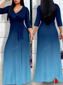 Vestido largo para mujer de talla grande, con escote profundo en V, elegante vestido de manga corta, de tela de punto, con estampado colocado, conjunto de vestir de verano para mujer