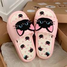 1 Pair Cute & Cool Black Cat Design Women Summer Slippers, Soft Bottom Indoor/Outdoor House Slipper, Student Dormitory