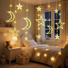 LED, Romantic, Warm White, Colorful, Stars, Moon, Home Furnishings, Festivals, Atmosphere, Decoration, String Lights, Curtain Lights