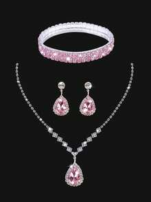 Women's Rhinestone Evening Clutch, 4pcs Rhinestone Ear Clips Bridal Wedding Necklace Bracelet Pendant Set, Shiny Wallet, Perfect For Party, Wedding, Ball, Evening/Banquet, Bridal Gown, Formal Occasion, Ball Gown, Birthday Dress - Pink - View 3