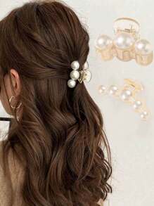 2 Pcs Elegant And Simple Faux Pearl Hair Clip Set, Anti Slip Strong Plastic Hair Clip, Suitable For Thick Hair, Medium, Pink Accessories Fashion Hair Accessories Beauty Claw Clips