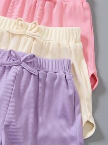 3pcs/Set Young Girls Solid Color Casual Crew Neck Sleeveless Tank Top Bowknot Decorated Shorts Summer Outfit - Multicolor - View 6