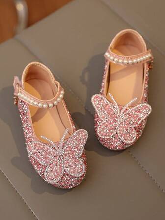 1 par plusstorlekar 2025 nya mode mångsidiga rosa flickskor med pärlor och strass, söta platta skor, rund tå, lämpliga för vardagsbruk, dans, utomhus på vår och höst, glitterdekoration, stängd tå, prinsessbalett, små i storleken