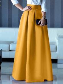ZANZEA Elegant Women Sumemer High Waist Zipper Pleated A-Line Skirts Wedding Party Prom Long Skirt - Màu vàng - Xem 2