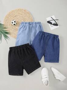 3pcs/Set Kids Light/Mid-Blue Washed Denim Boys Casual Elastic Waist Shorts, Summer Children Streetwear Knee-Length Pants - Black - View 2