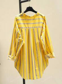 Women's Striped Color Block Button Asymmetric Hem Long Sleeve Shirt Blouse - Day To Night Versatile Top