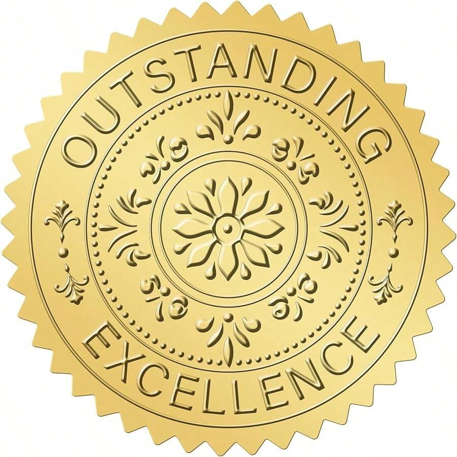 Gold Seals Stickers For Certificate - 2In 100Pcs Foil Embossed Outstanding Excellence Award Sticker S-Adhesive Gold Metallic Envelope Seals Labels Stickers For Certificate Diploma Graduation - Multicolor - View 1