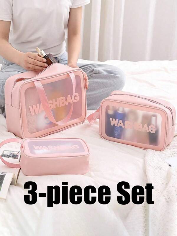 3pcs 1pc PU Leather & Transparent Zippered Toiletry Bag, Portable Waterproof Storage Pouch, Travel Wash Bag, Large Capacity Multipurpose Clear PVC Cosmetic Bag, Bathroom Portable Swimming Fitness Bag, Tropical Beach Style, Unisextravel Essentials For Vacation Summer Holiday Back To School School Stuff Bag For School Wash Bag Travel Waterproof Toiletry Bag