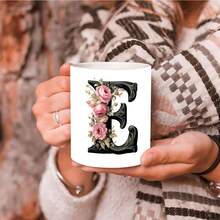 1pc Black Letter Floral A-Z Print Coffee Mug, Pink Floral, Alphabet Floral Coffee Mug For Office And Home, Alphabet Ceramic Coffee Mug, Women'S Birthday Gift, Mom, Best Friend, Bride, Bridesmaid Gift, White Tea Cup, Mother'S Day, Father'S Day Gift 11oz