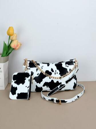 2pcs/Set Cow Pattern White Shoulder Bags For Women, Fashion Animal Print Cross Body Bag, Perfect For Gifts, Daily Used, Commuting, Party Wedding Prom, Designer Crossbody Elegant Ladies Handbags And Purses, Chain Strap + Adjusted Strap, Smoothly Zipper, Holiday Essentials